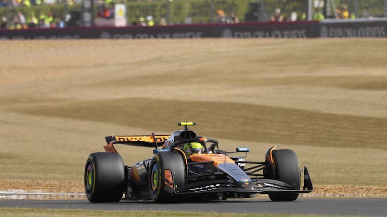 McLaren driver Lando Norris of Britain in action during the second practice of the British Formula One Grand Prix in Silverstone, England.