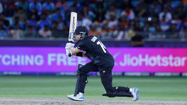Mitchell Santner of New Zealand plays a shot during the India v New Zealand Blackcaps, ICC Champions Trophy 2025 One Day International Cricket Match.