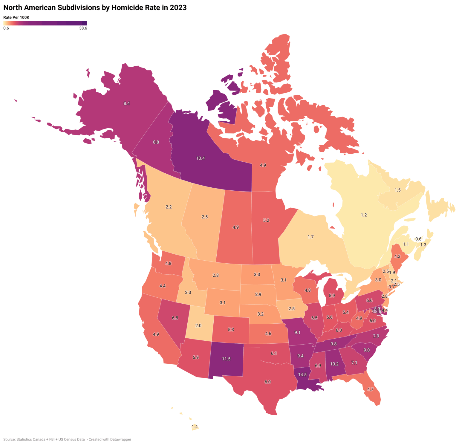 [OC] North American Subdivisions by Homicide Rate in 2023