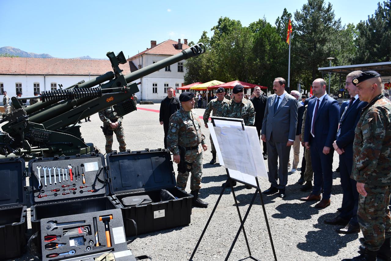 Officials and 105mm BORAN howitzers and accompanying equipment supplied by Türkiye displayed on July 18, 2025 in Prilep, North Macedonia. (AA Photo)