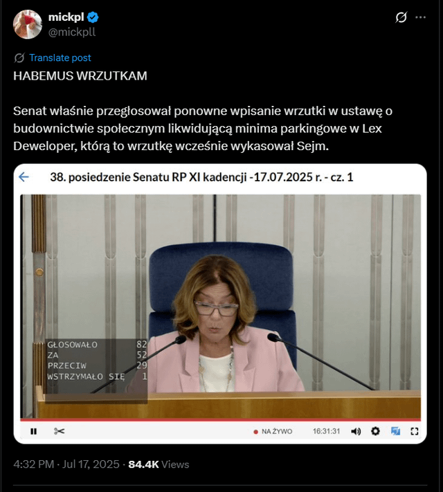 The Senate passed a amendment eliminating the minimum number of parking spaces in investments built with Lex Developer