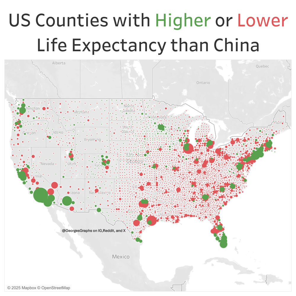 Time to sober up after getting drunk yesterday. Half of America now has a shorter life expectancy than China [OC]