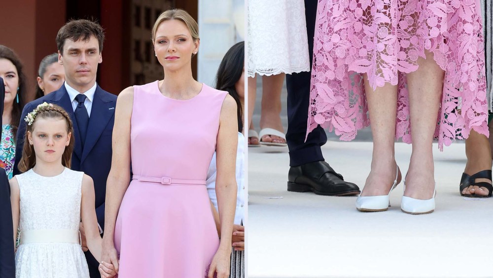 Princess Charlene wearing white leather Gianvito Rossi Ascent 55 kitten heel slingback shoes in Monaco.