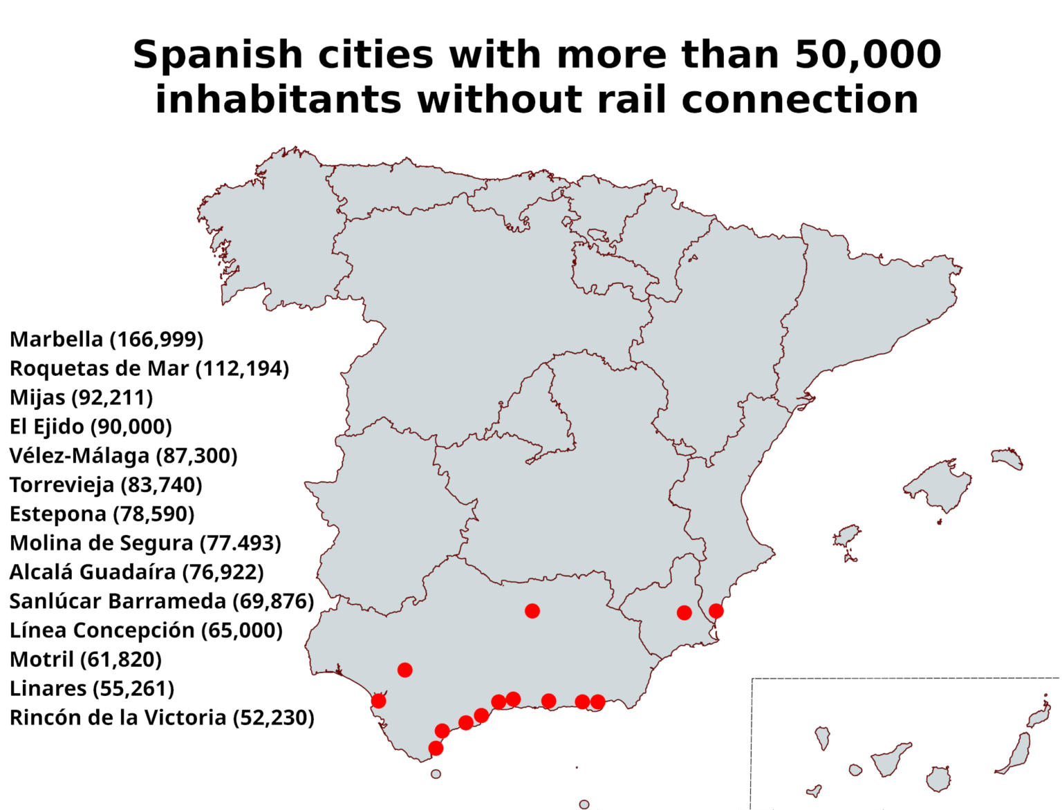 Spanish cities with more than 50,000 inhabitants without rail connection