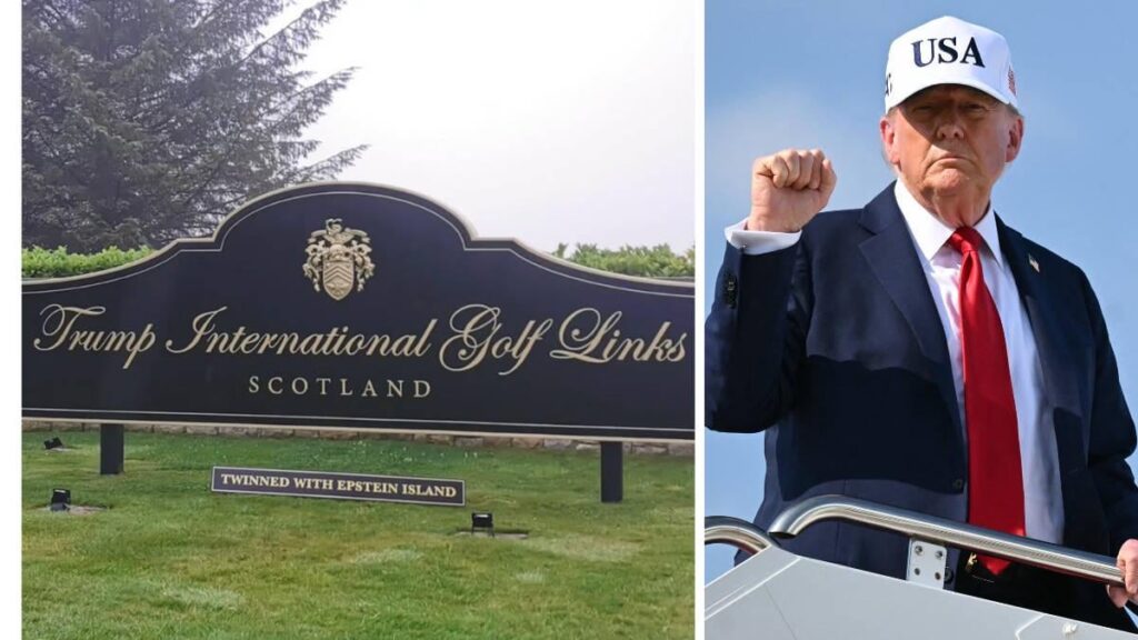 ‘Twinned with Epstein island’: Activists put up signs at Trump’s Scottish golf course ahead of visit