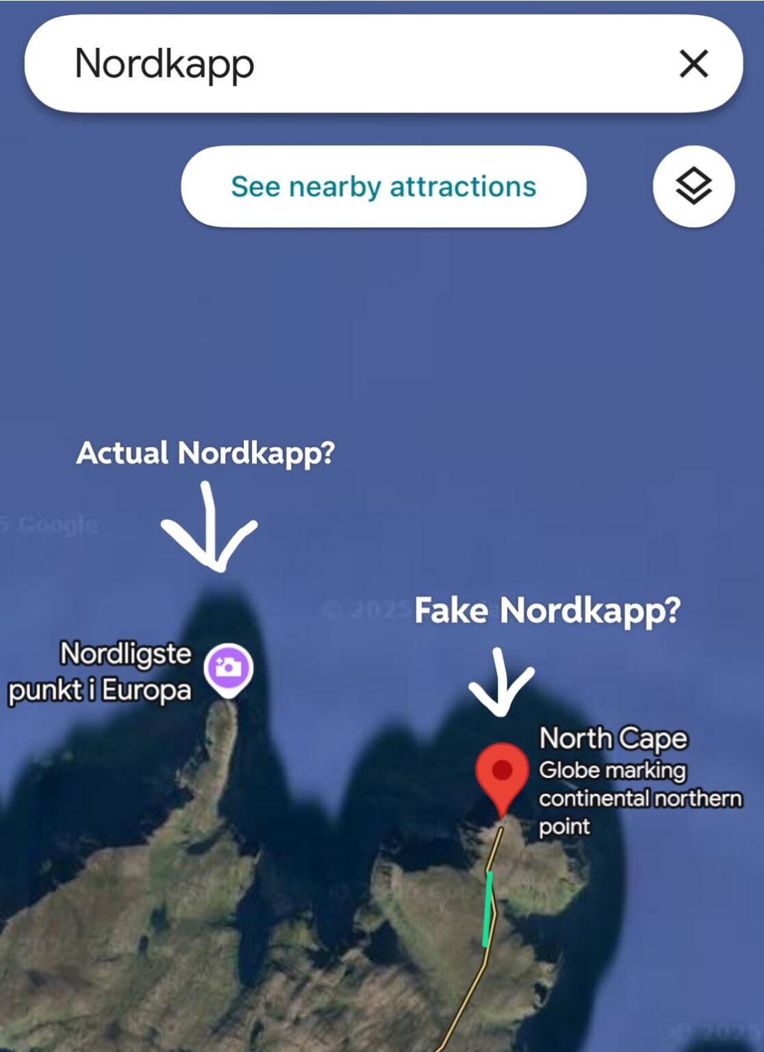 Why is the Nordkapp statue and road on a cape that's not actually the northernmost one?
