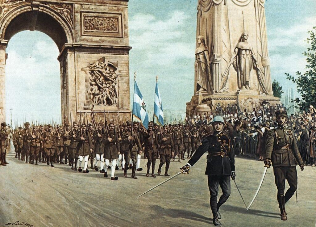 14/7/1919: Hellenic military scene marks the Avenue of the Champs Elysia Fields in Paris by participating in Allied celebrations of Entente's dominance in World War I.