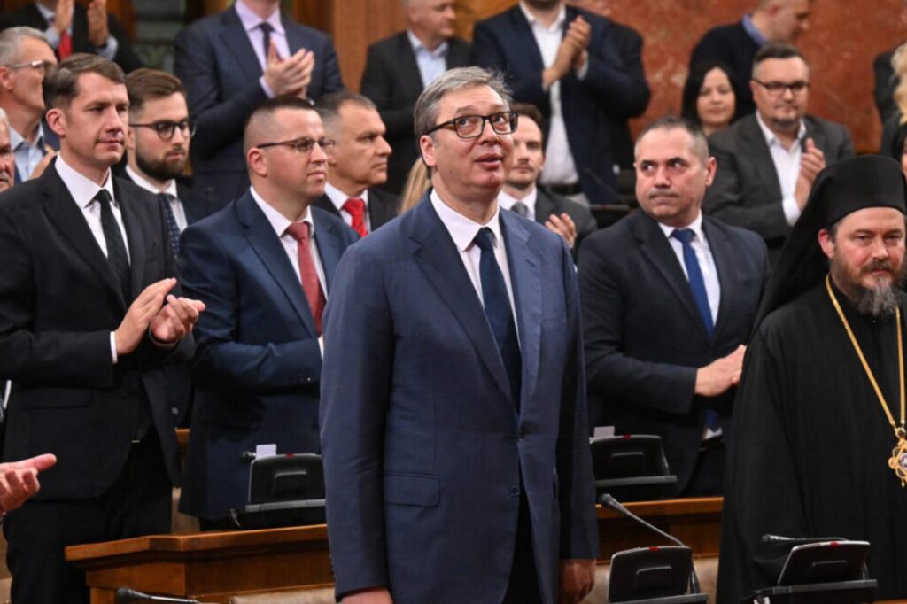 Serbian President Aleksandar Vucic makes a national statement on the second day of the COP26 UN Climate Summit in Glasgow on November 2, 2021. (AFP Photo)
