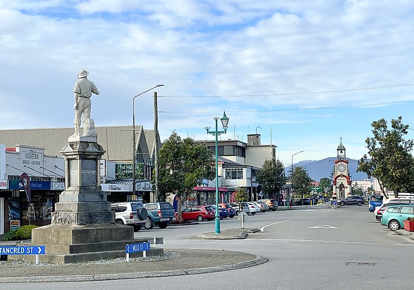The Main Street of Hokitika, New Zealand, on a winter afternoon. 