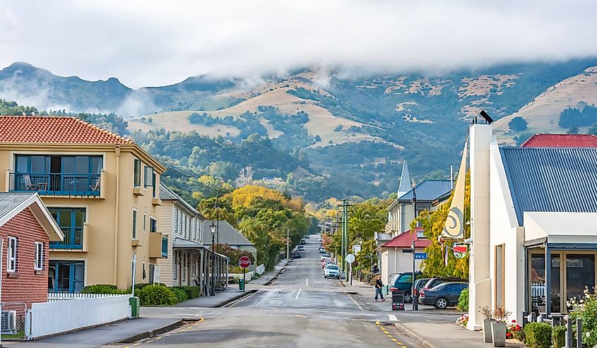 Coast and French village of Akaroa, New Zealand, South Island.