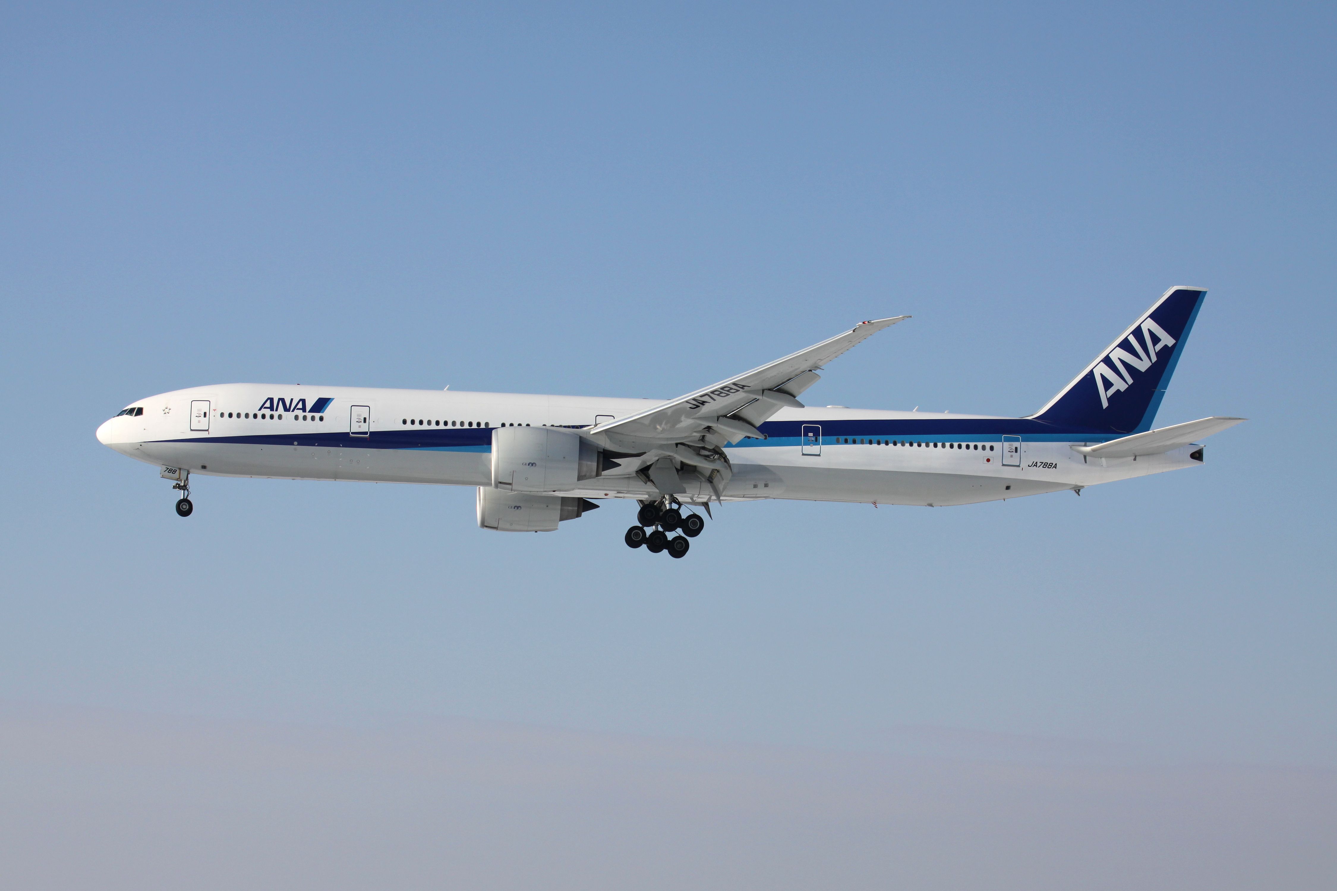  ANA All Nippon Airways Boeing 777-300 with registration JA788A on short final for runway 25L of Frankfurt Airport.
