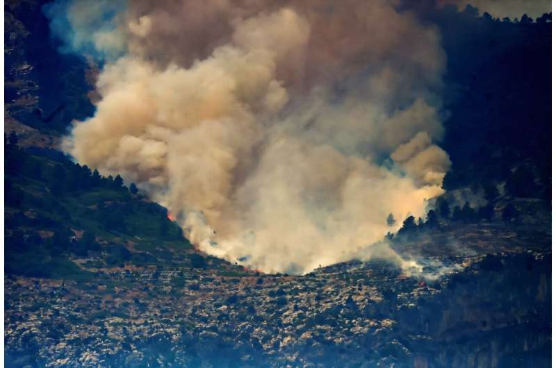 Smoke billows from a forest fire near Pauls, in northeastern Spain