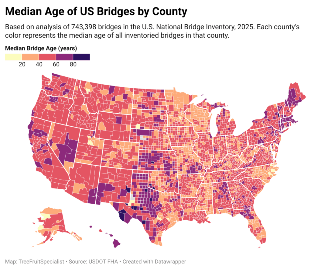 How Old Are Your County’s Bridges? Median Age of U.S. Bridges Mapped [OC]