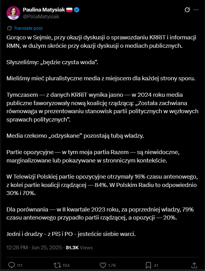 According to KRRiT data, the opposition parties received 16% of the antenna time, while the parties of the ruling coalition 84%. This is about the same as in PiS times.