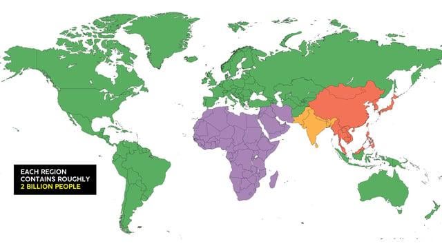 The world in 4 regions of 2 billion people