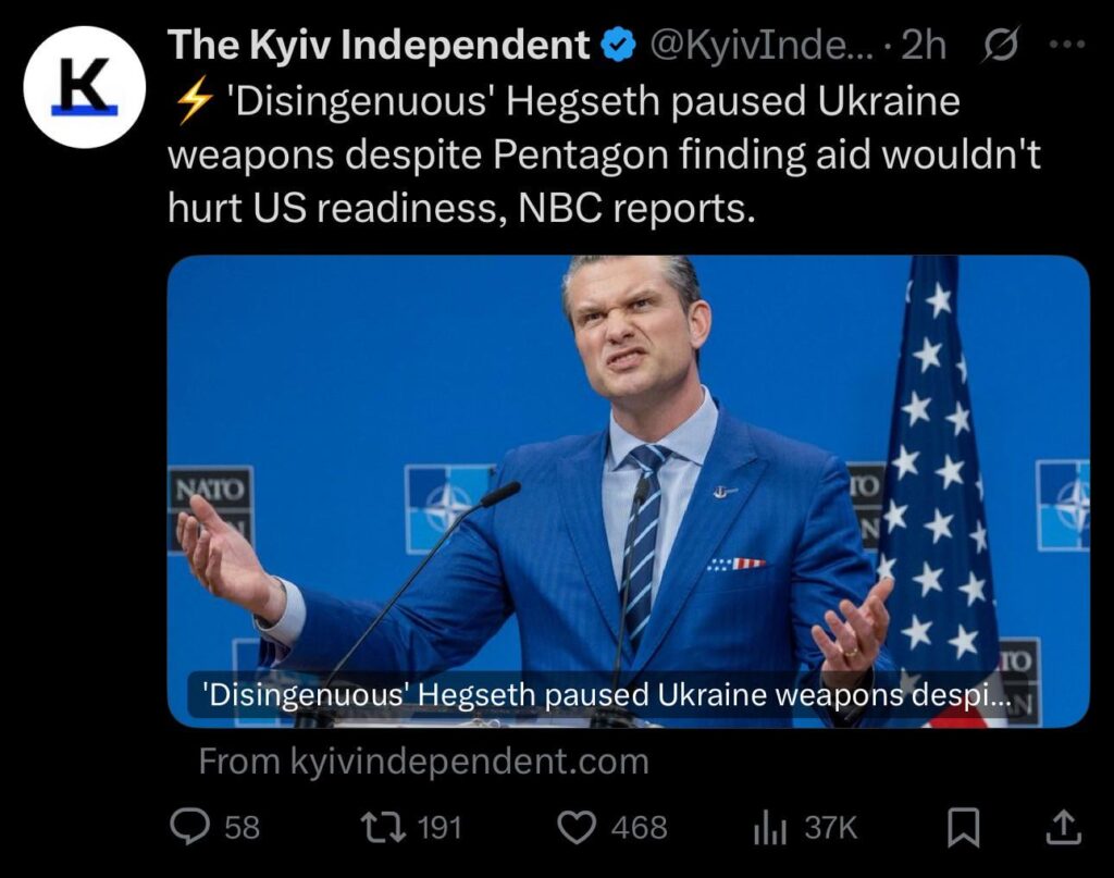 So the Pentagon found no risk to US readiness, but Hegseth still paused the delivery of weapons to Ukraine