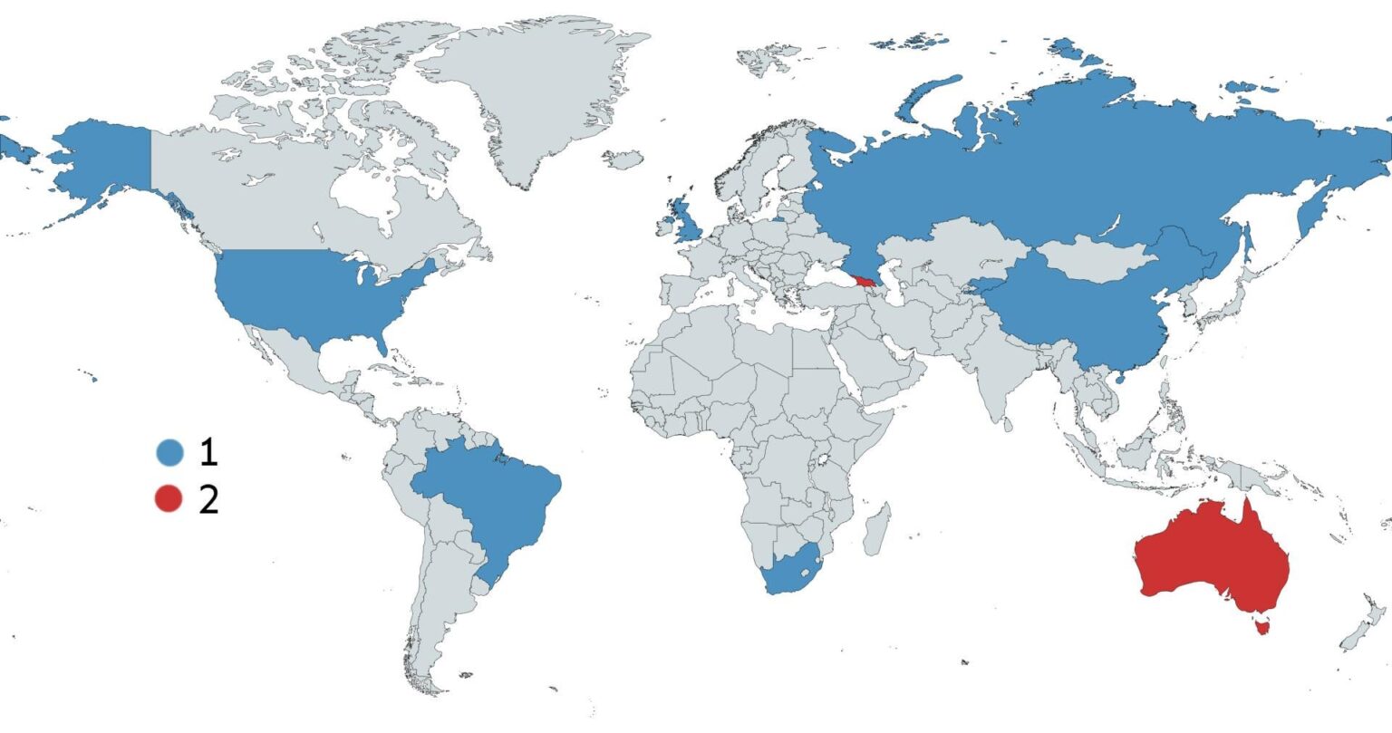 These countries have X amount of ____. (Blue =1, Red =2)