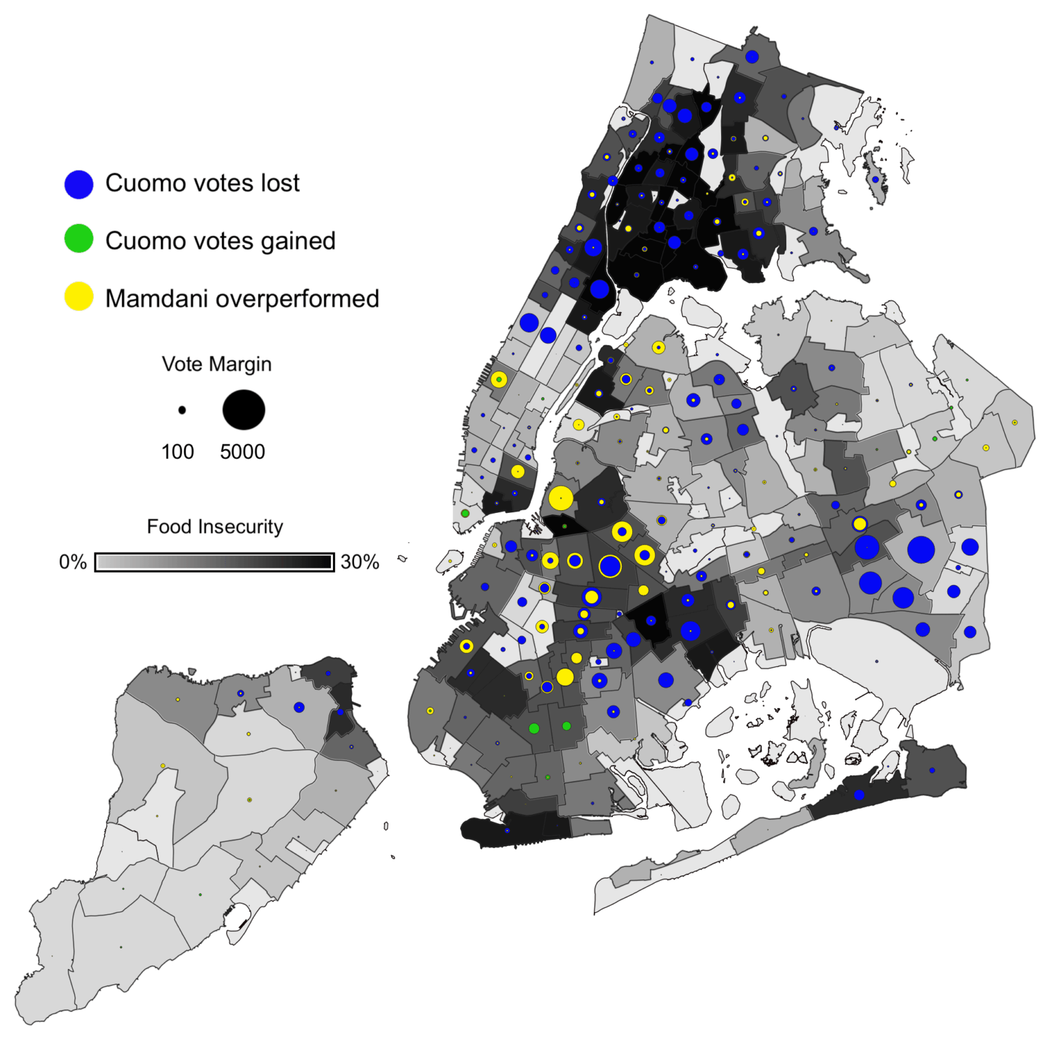 [OC] Zohran Mamdani won over Cuomo's 2018 base in areas with higher food insecurity