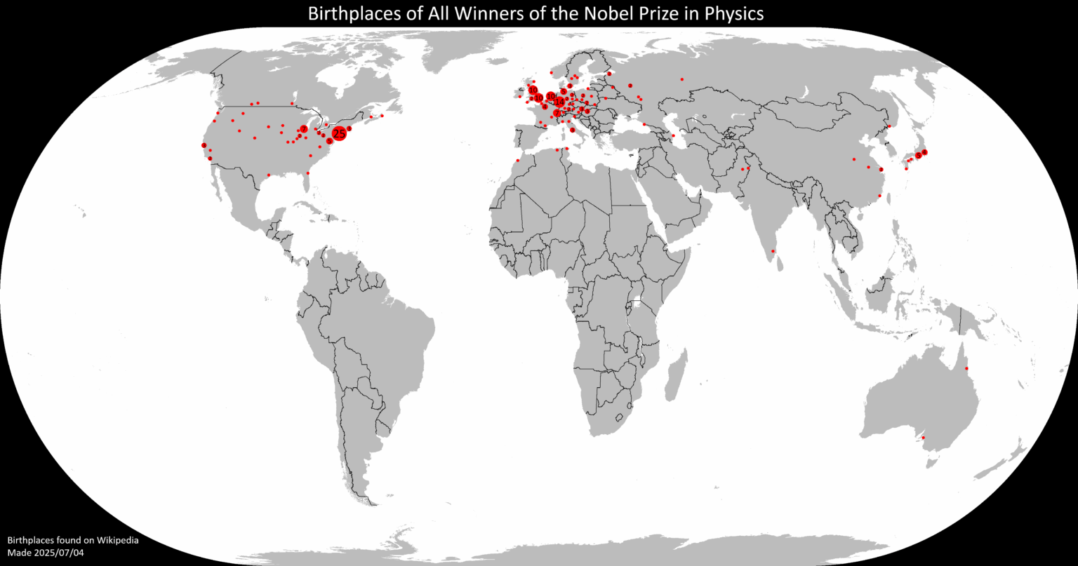 Birthplaces of All Winners of the Nobel Prize in Physics [OC]