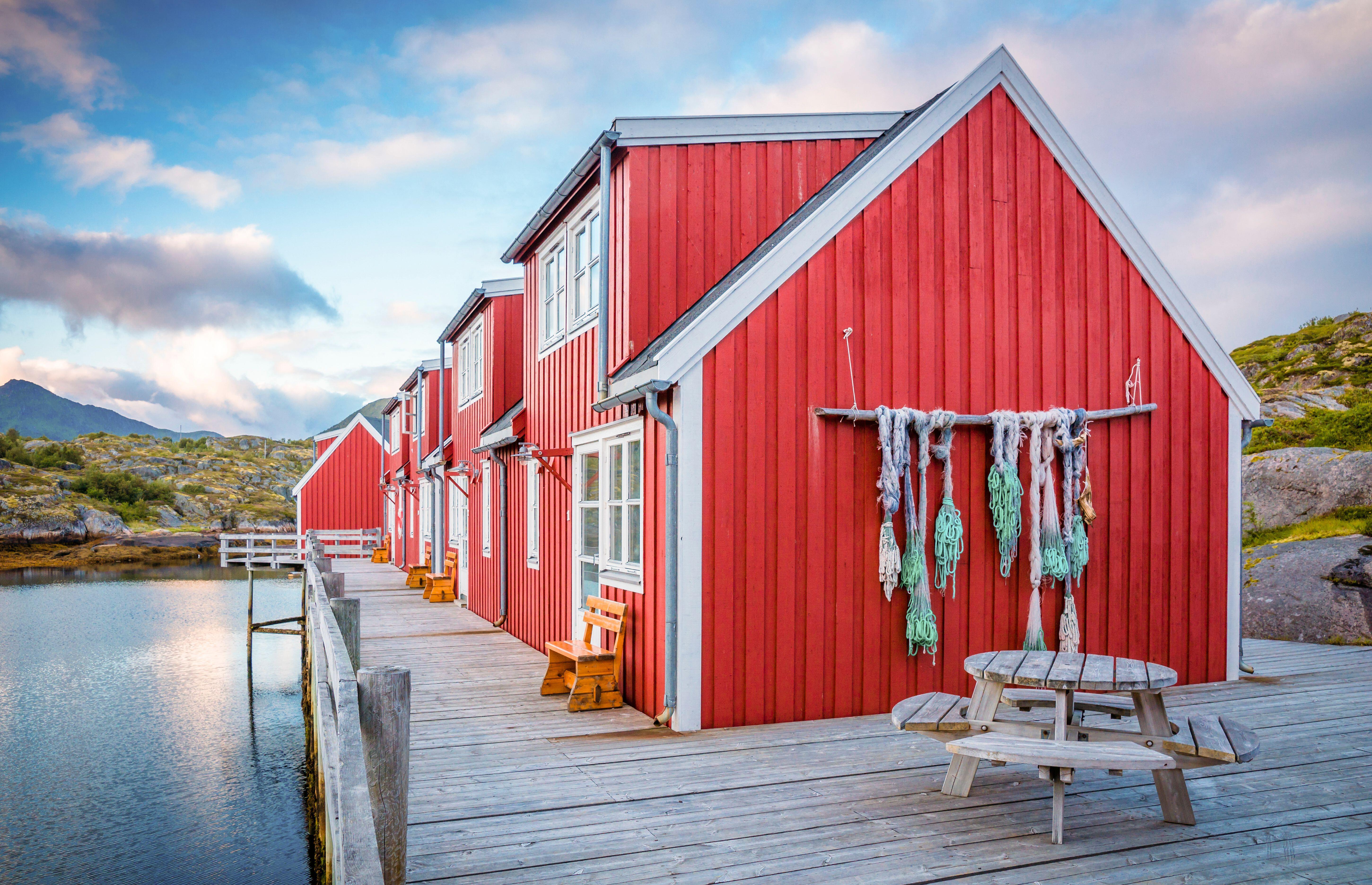 Red rorbuer houses in Kabelvåg, Norway.