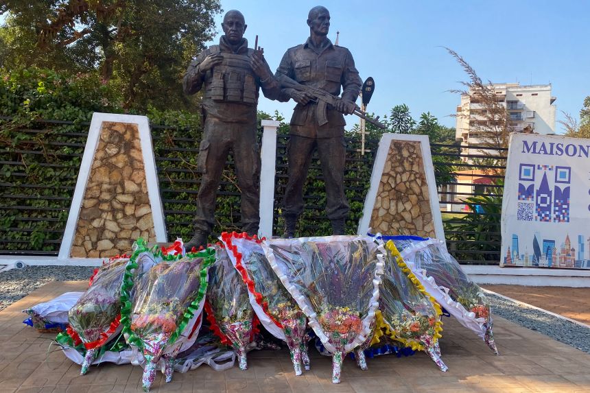 A photograph from 2024 shows a bronze statue depicting Wagner group chief Yevgeny Prigozhin (L) and commander Dmitry Utkin in front of the 