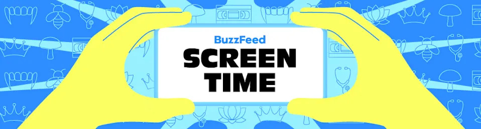 Illustration of hands holding a phone displaying "BuzzFeed Screen Time" on the screen, with abstract icons in the background