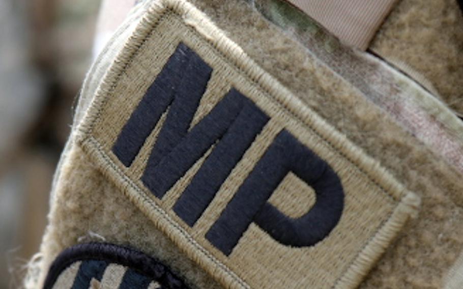 A closeup of a Military Police patch.