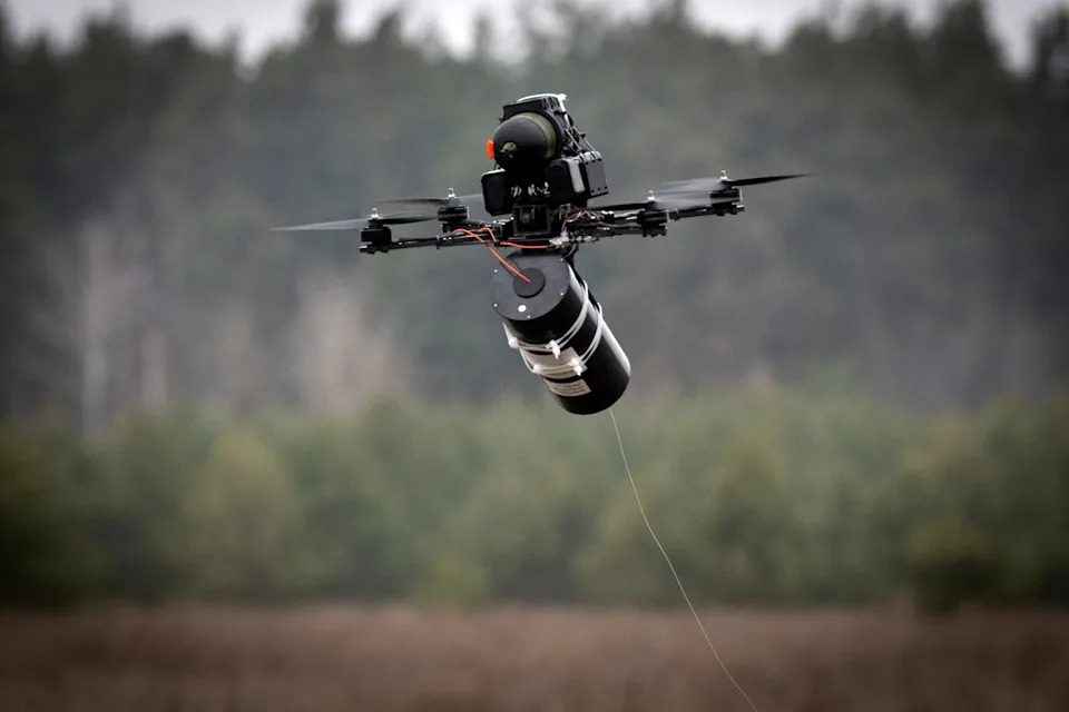 A Ukrainian-made fiber-optic drone flies at an undisclosed location in the Kyiv region on January 29.