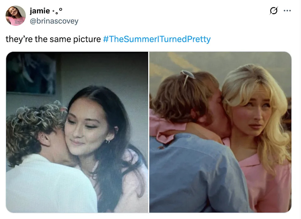 Two scenes from "The Summer I Turned Pretty" showing similar affectionate moments between characters