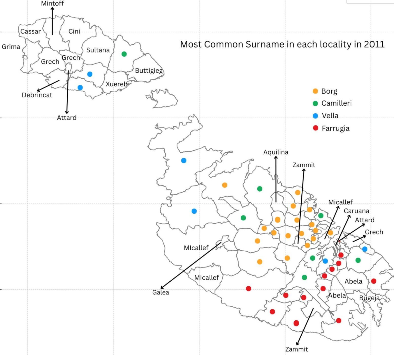 Most common surname in each locality (2011)