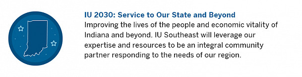 Icon of the State of Indiana with the description of the IU Southeast IU 2030  Pillar 3 goal.