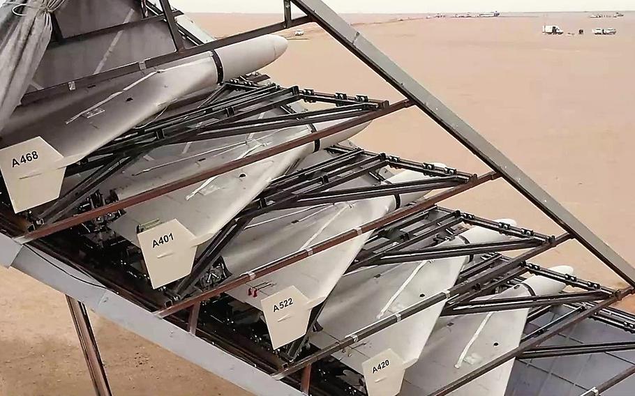 A stack of drones in a carrying device.
