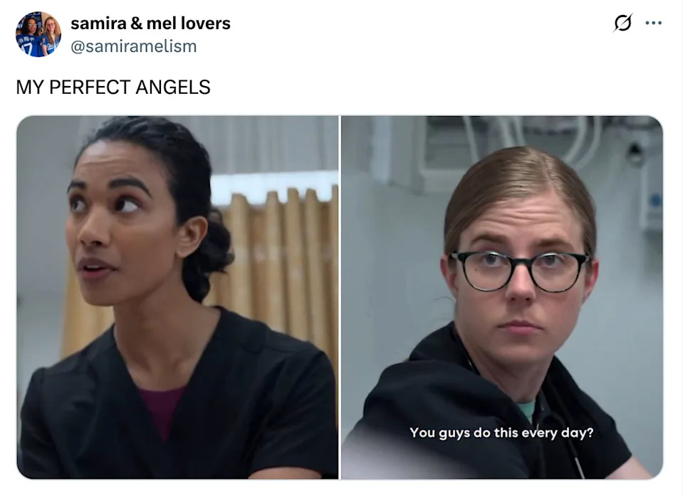 Two people in medical scrubs, one looking surprised and the other asking, "You guys do this every day?"