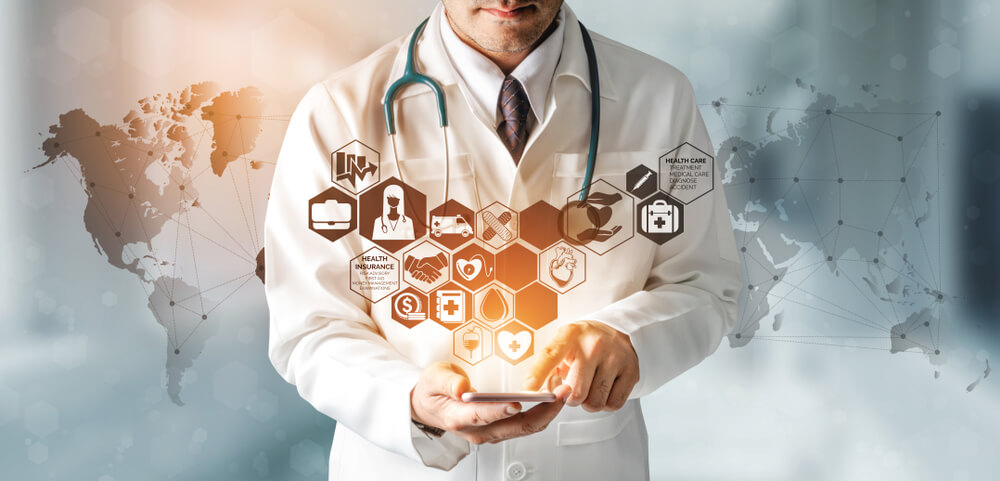 Doctor in hospital with health insurance related icon graphic interface showing healthcare people, money planning, risk management, medical treatment and coverage benefit.