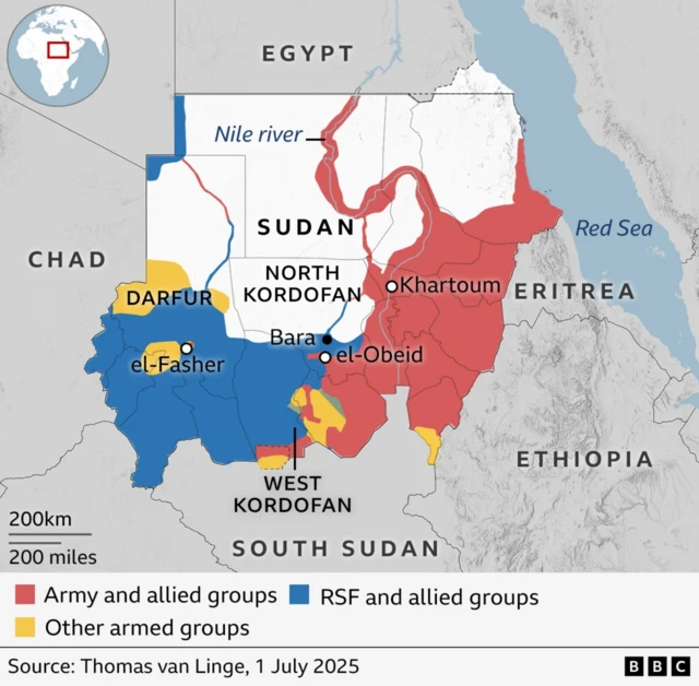Map of Sudan showing the areas under the control of different armed groups