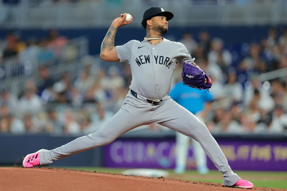 Aug 3, 2025; Miami, Florida, USA; New York Yankees starting pitcher Luis Gil (81) delivers a pitch against the Miami Marlins during the first inning at loanDepot Park. Mandatory Credit: Sam Navarro-Imagn Images