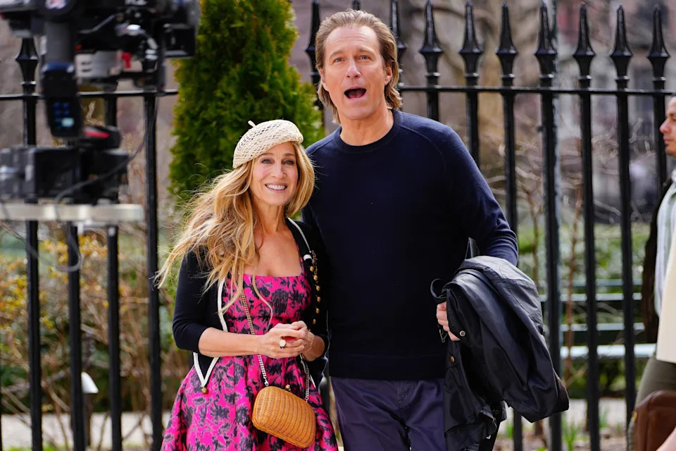 GC Images via Getty Images, FILE - PHOTO: In this March 7, 2023, file photo, Sarah Jessica Parker, as Carrie Bradshaw, and John Corbett, as Aidan Shaw, are shown on location for 'And Just Like That' in New York.