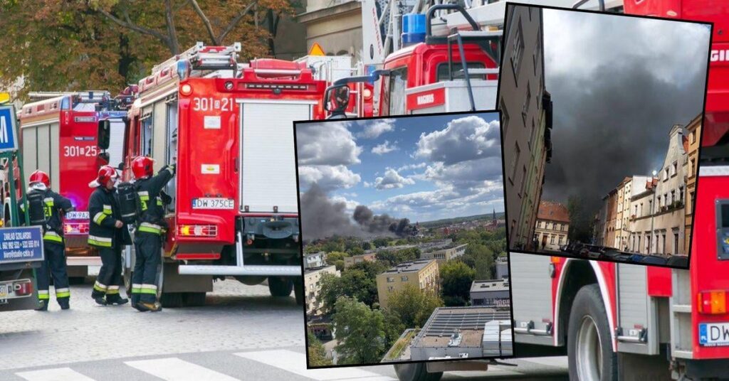 A great fire in Toruń. The fire brigade building is burning