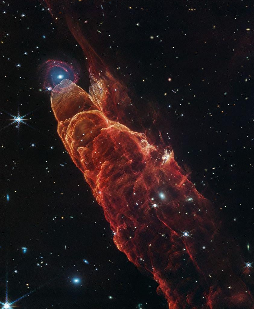 The James Webb Space Telescope captures a cosmic tornado, HH 49/50 - an outflow of hydrogen, dust, and carbon-monoxide from a nearby protostar