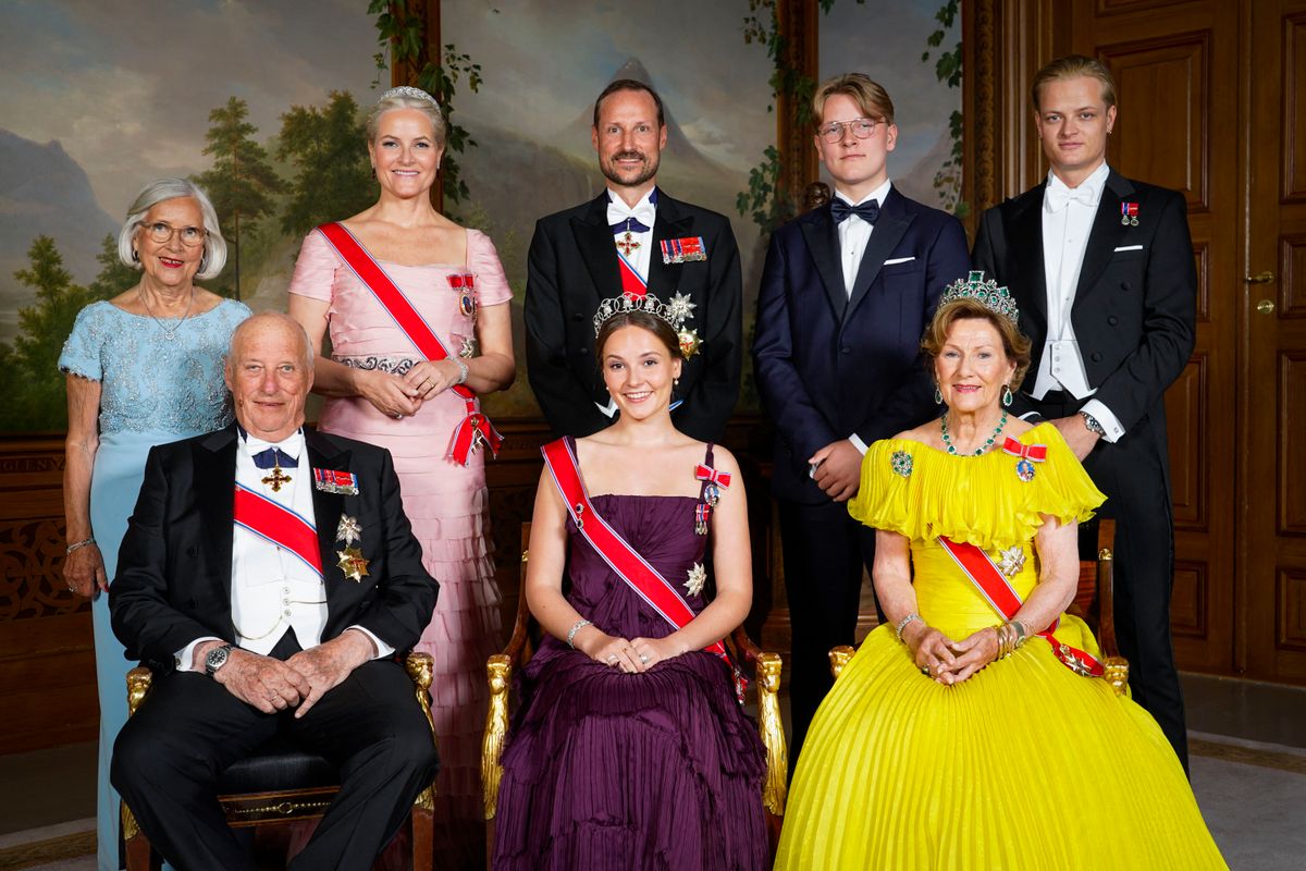 Norway's Princess Ingrid Alexandra alongside King Harald V, Queen Sonja, Marit Tjessem, Crown Princess Mette-Marit, Crown Prince Haakon, Prince Sverre Magnus, and Marius Borg Hoiby