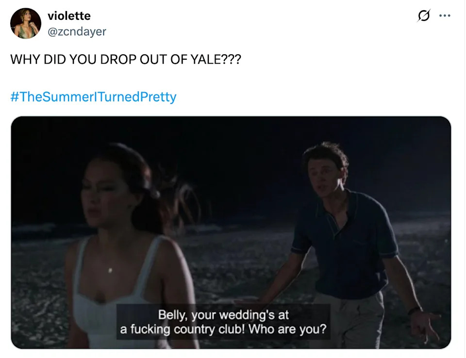 Scene from "The Summer I Turned Pretty": A person on the beach questions, "Belly, your wedding's at a country club! Who are you?"