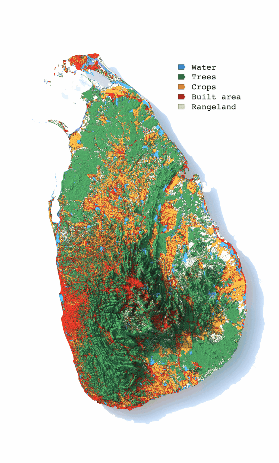 [OC] Sri Lanka’s Land Cover in 3D — Water, Trees, Crops, Built Areas, and Rangeland