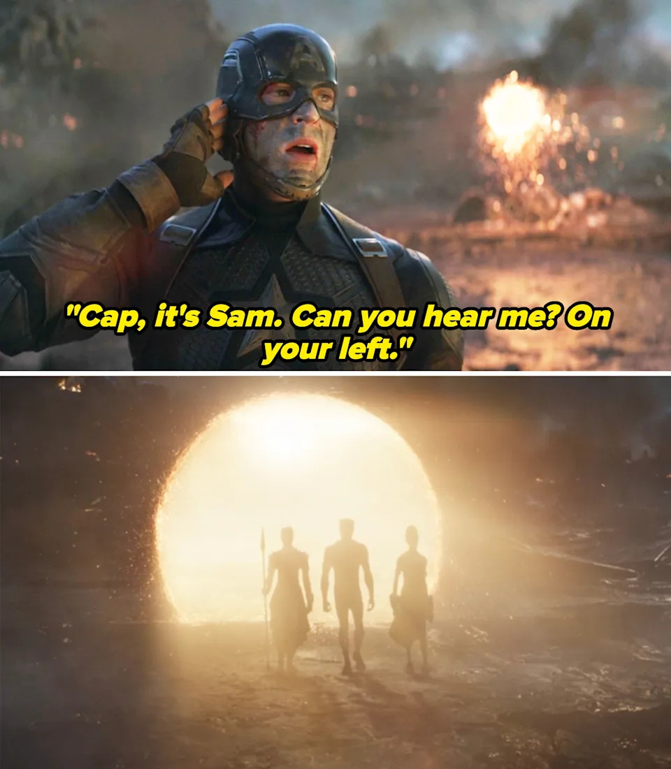 A superhero in battle gear looks shocked; below, three figures walk toward a glowing portal