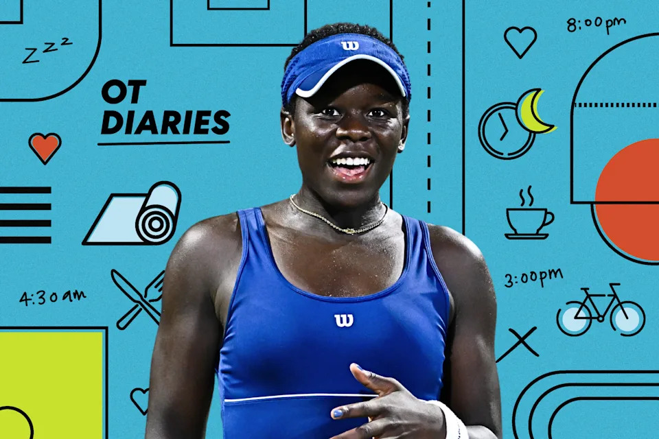 Victoria Mboko against Yahoo's OT Diaries background. (Photo illustration: Yahoo Canada; photo: Minas Panagiotakis/Getty Images)