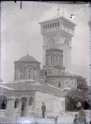 View of the bell tower in the monastery of St. Naum in Ohrid.