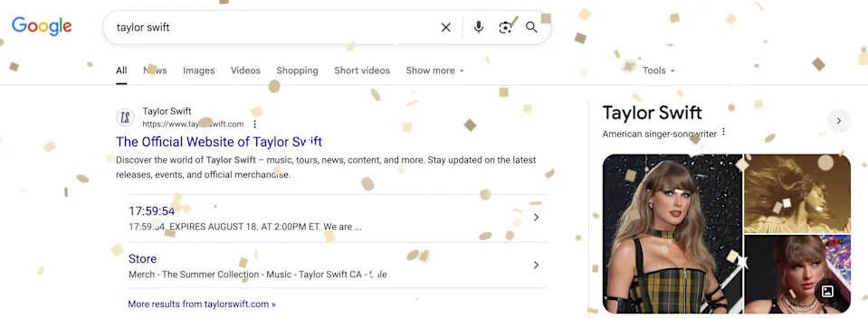 Gold glitter rains down on the screen when you Google Taylor Swift. 