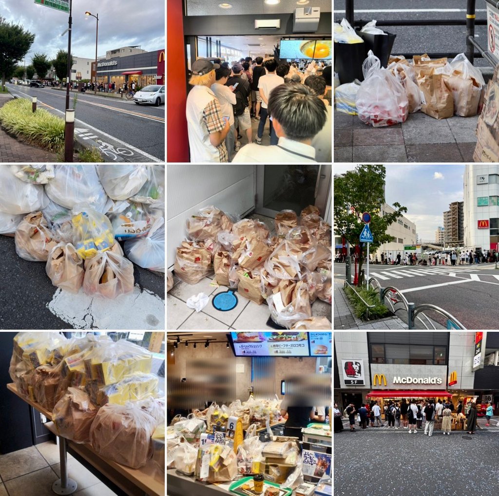 A combination of photos of people queueing up to buy the Happy Meals, and bags of uneaten food being discarded over the Pokemon promotion in Japan. Photo: X/ yodoyakeiko A combination of photos of people queueing up to buy the Happy Meals, and bags of uneaten food being discarded over the Pokemon promotion in Japan. Photo: X/ yodoyakeiko