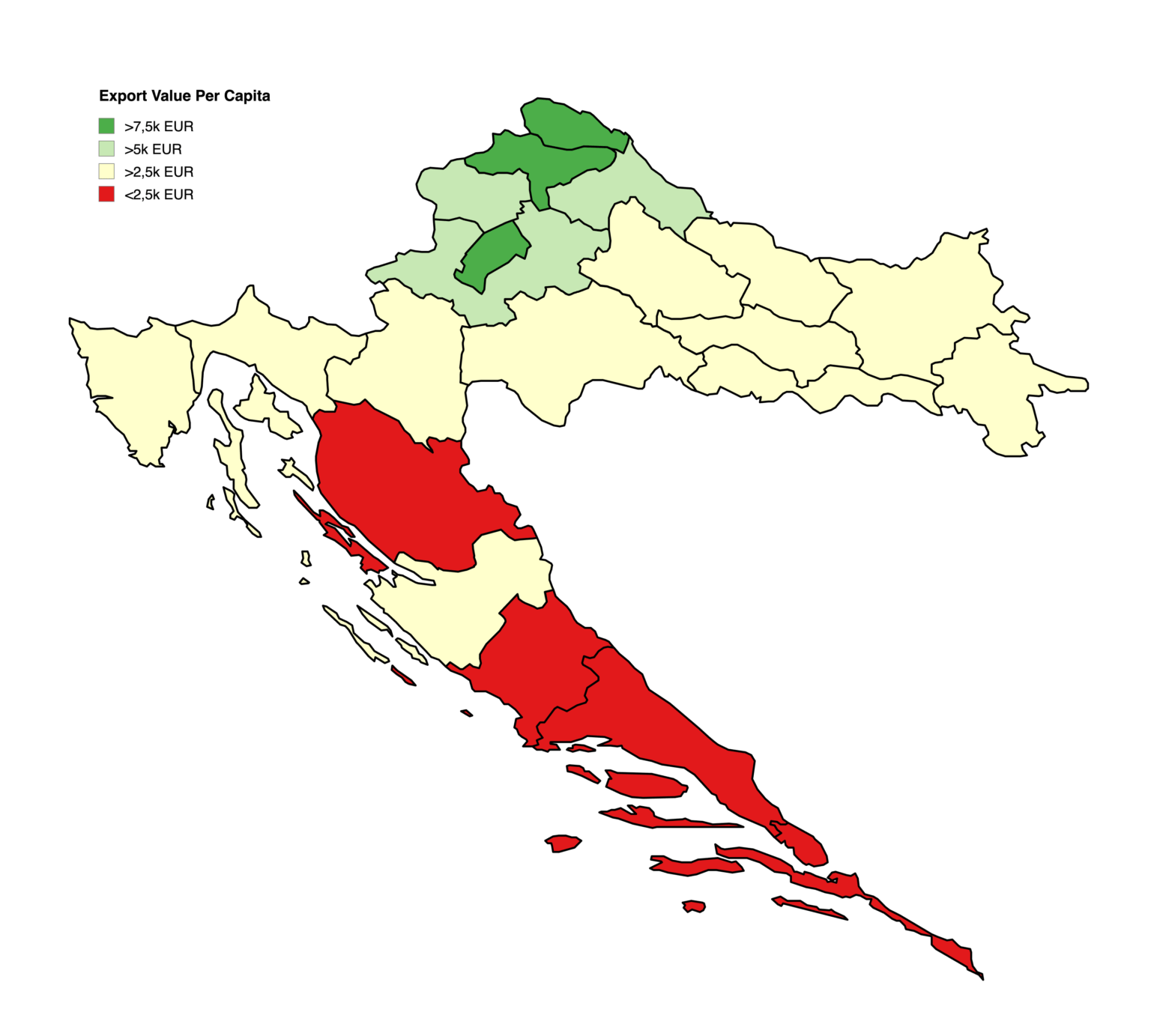 Exports per resident by county, 2024.