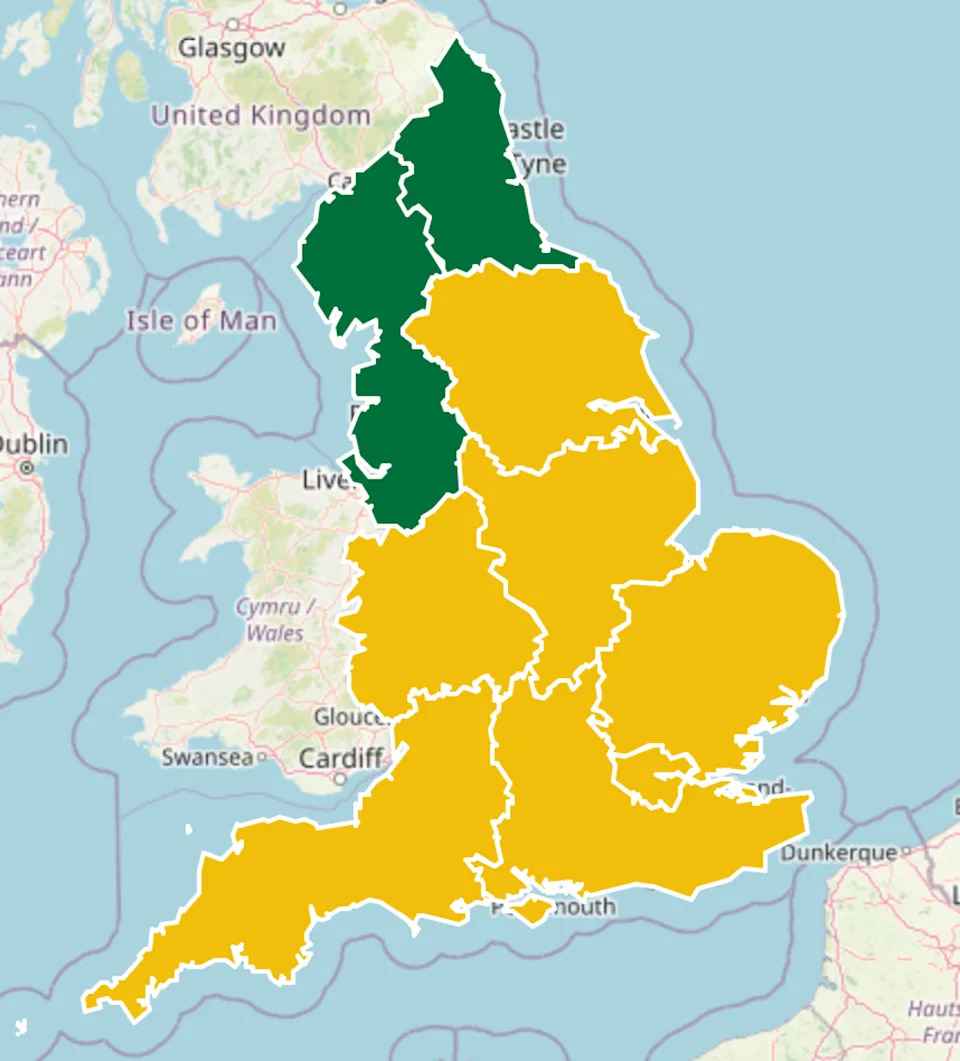 UKHSA said yellow warnings will remain in place for Yorkshire and the Humber, the East and West Midlands, London and the South East, the South West and the east of England until 6pm on 18 August (UKHSA)