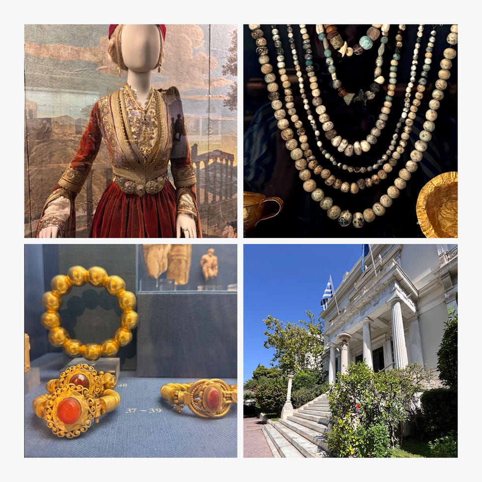 Display of traditional attire, antique jewelry, and a historical building.